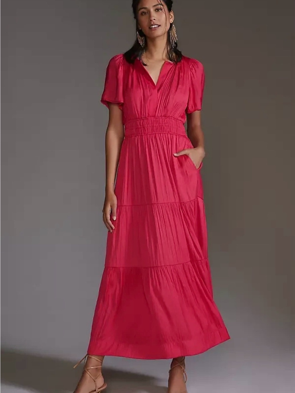 Anthropologie Somerset Women XXS Lumensilk Satin Smocked Tiered Maxi Dress pink